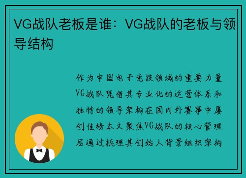 VG战队老板是谁：VG战队的老板与领导结构