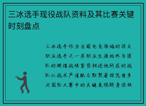 三冰选手现役战队资料及其比赛关键时刻盘点